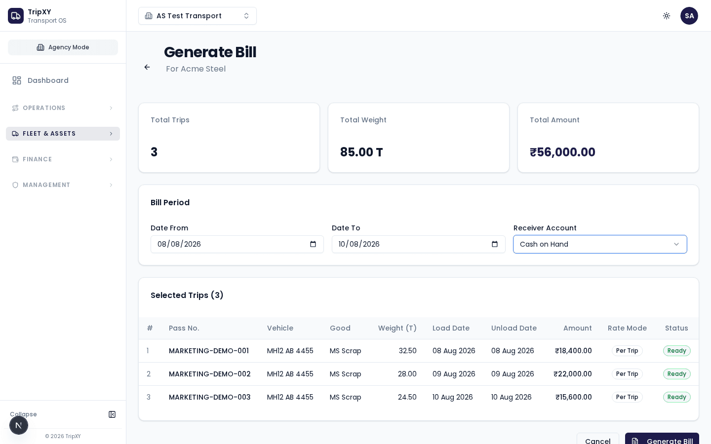 TripXY generate bill screen with selected trips