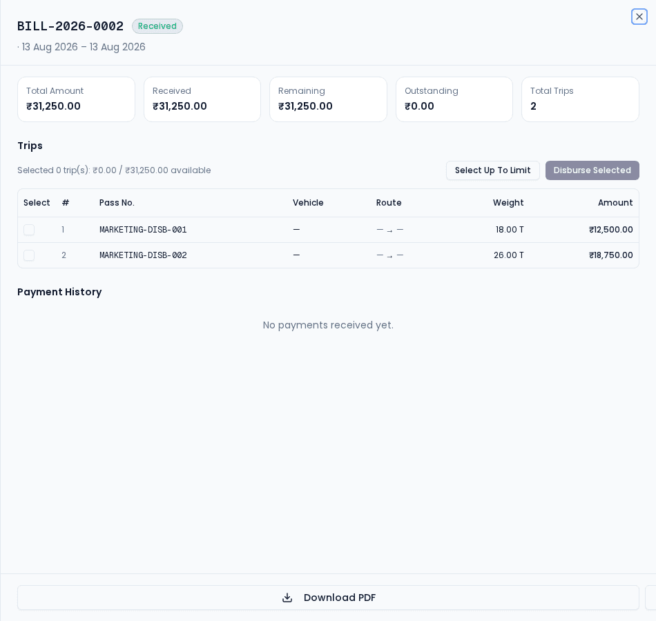 TripXY bill disbursement screen
