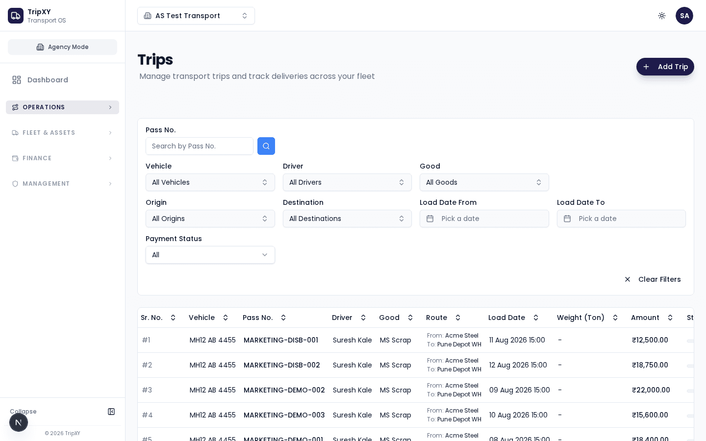 TripXY trips dispatch screen